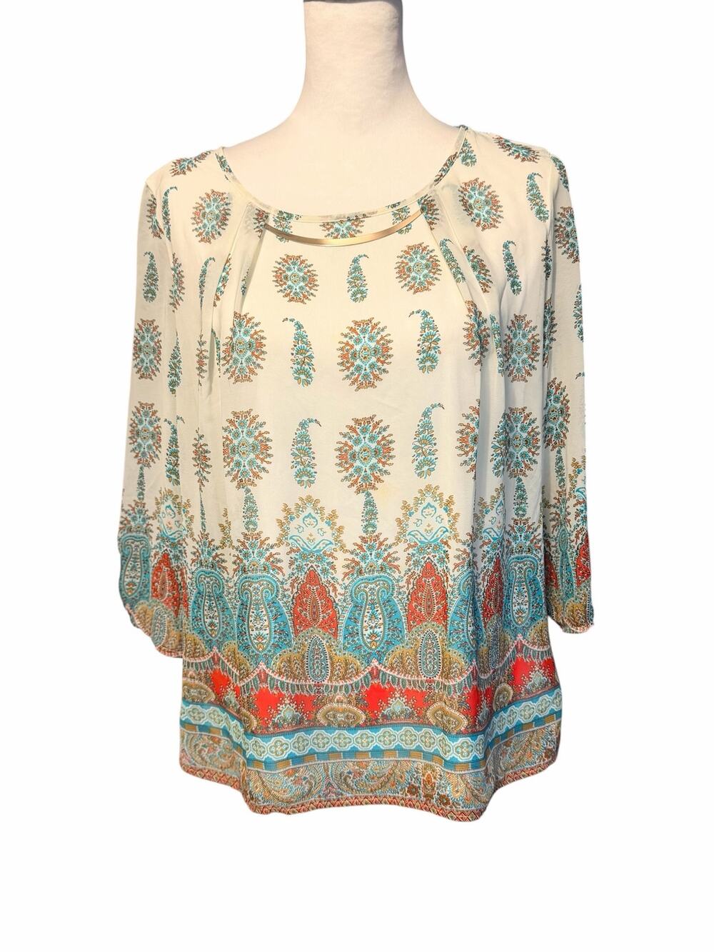 Roz & Ali 3/4 Sleeve Top White Gold Blue Medium